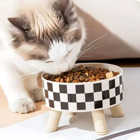 Comedero elevado de 4 patas de madera para gatos con cuenco de acero inoxidable
